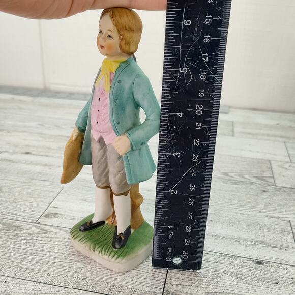 Colonial Man Holding Hat Figurine 6" Tall Green Jacket Yellow Tie Home Decor - Picture 3 of 9